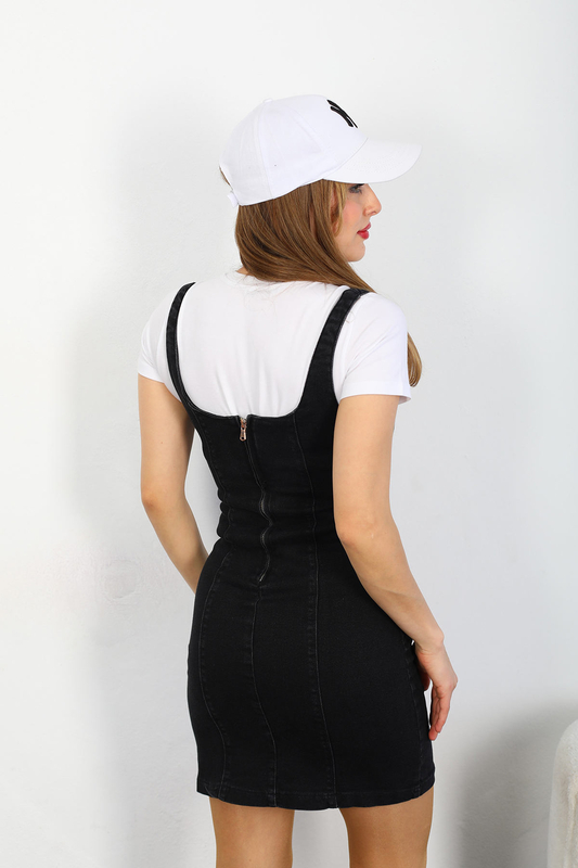 Askılı Yırtmaçlı Siyah Kadın Mini Kot Elbise - 5