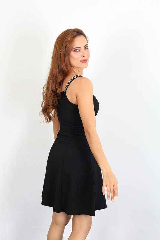 Askısı Zincir Detaylı Kadın Siyah Elbise - 6