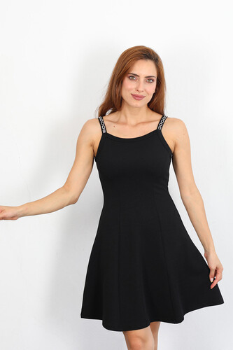 Askısı Zincir Detaylı Kadın Siyah Elbise - 4