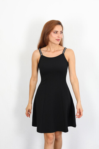 Askısı Zincir Detaylı Kadın Siyah Elbise - 5