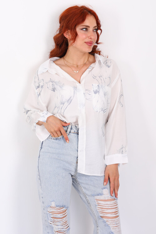 At Desenli Cepli Oversize Gri Kadın Gömlek - 3