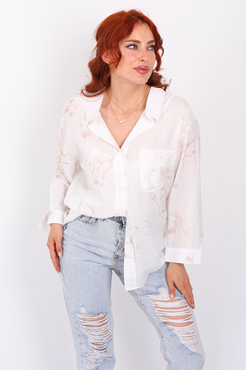 At Desenli Cepli Oversize Krem Kadın Gömlek - 3