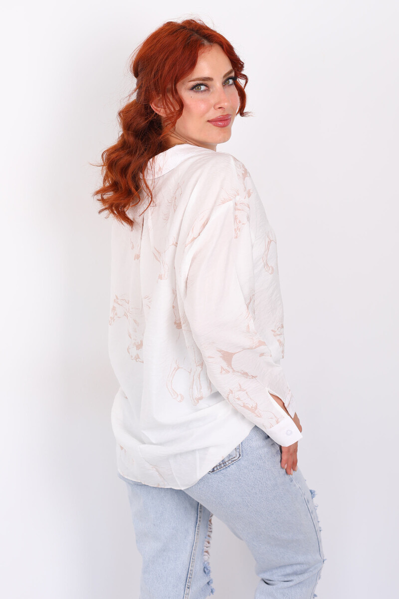 At Desenli Cepli Oversize Krem Kadın Gömlek - 2
