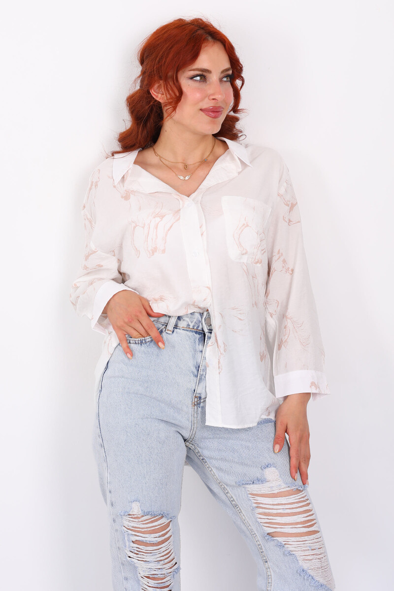 At Desenli Cepli Oversize Krem Kadın Gömlek - 4