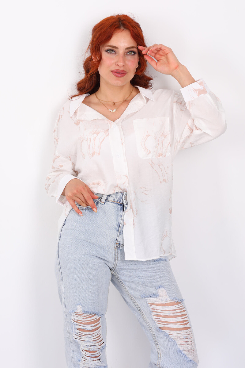 At Desenli Cepli Oversize Krem Kadın Gömlek - 1