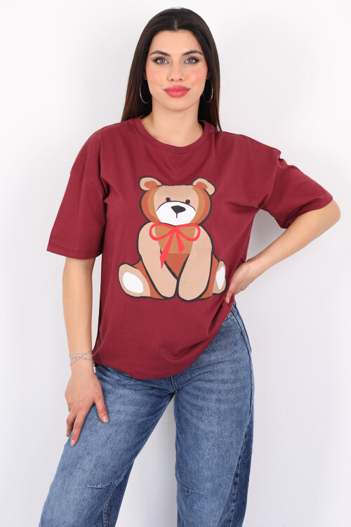 Ayıcık Baskılı Bisiklet Yaka Kırmızı Kadın T-Shirt 