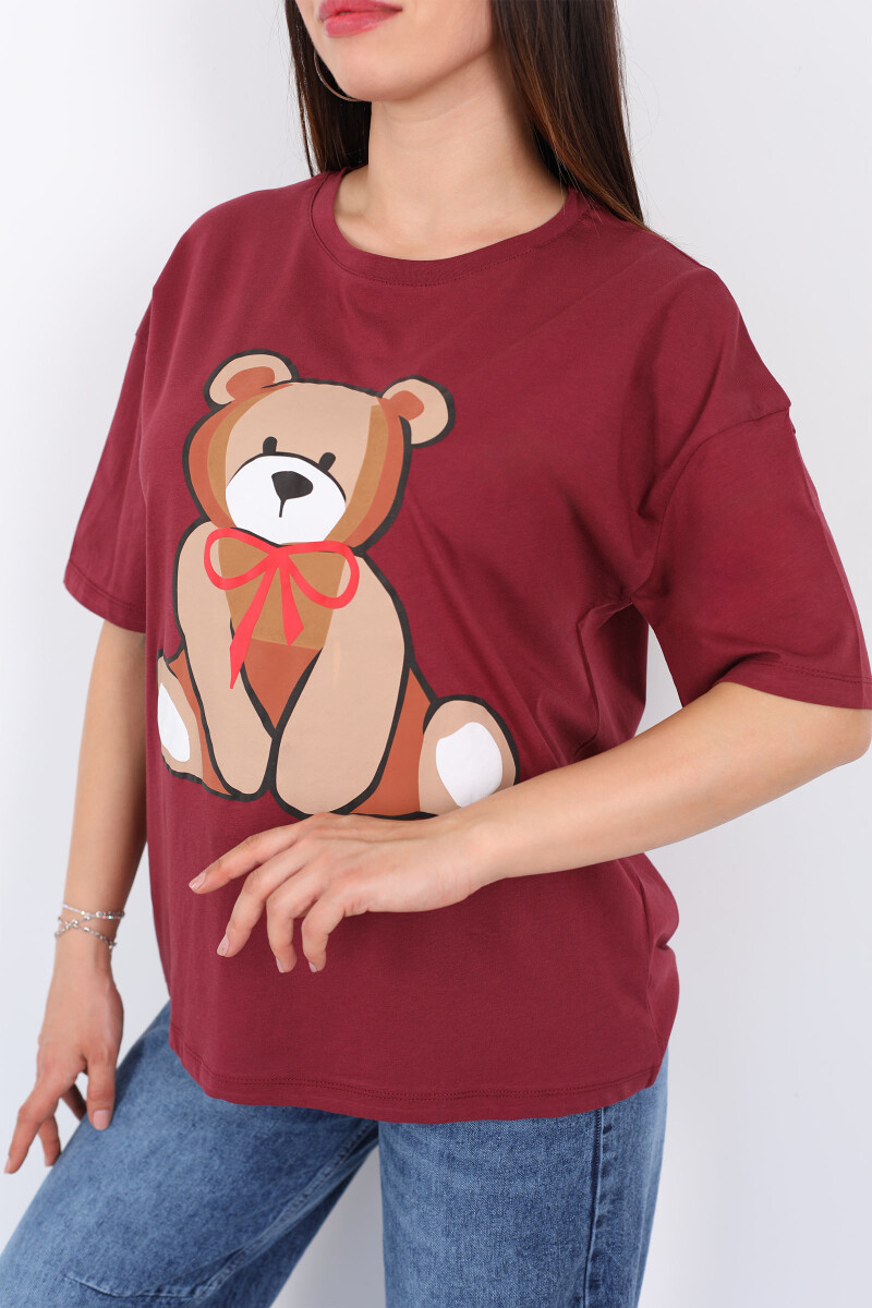 Ayıcık Baskılı Bisiklet Yaka Kırmızı Kadın T-Shirt - 2