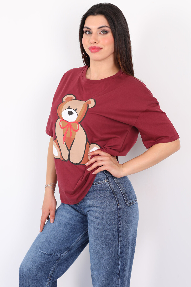 Ayıcık Baskılı Bisiklet Yaka Kırmızı Kadın T-Shirt - 3