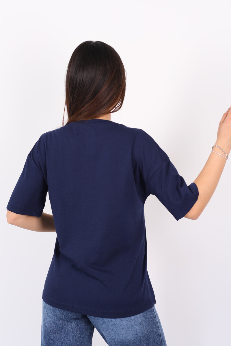 Ayıcık Baskılı Bisiklet Yaka Lacivert Kadın T-Shirt - 4