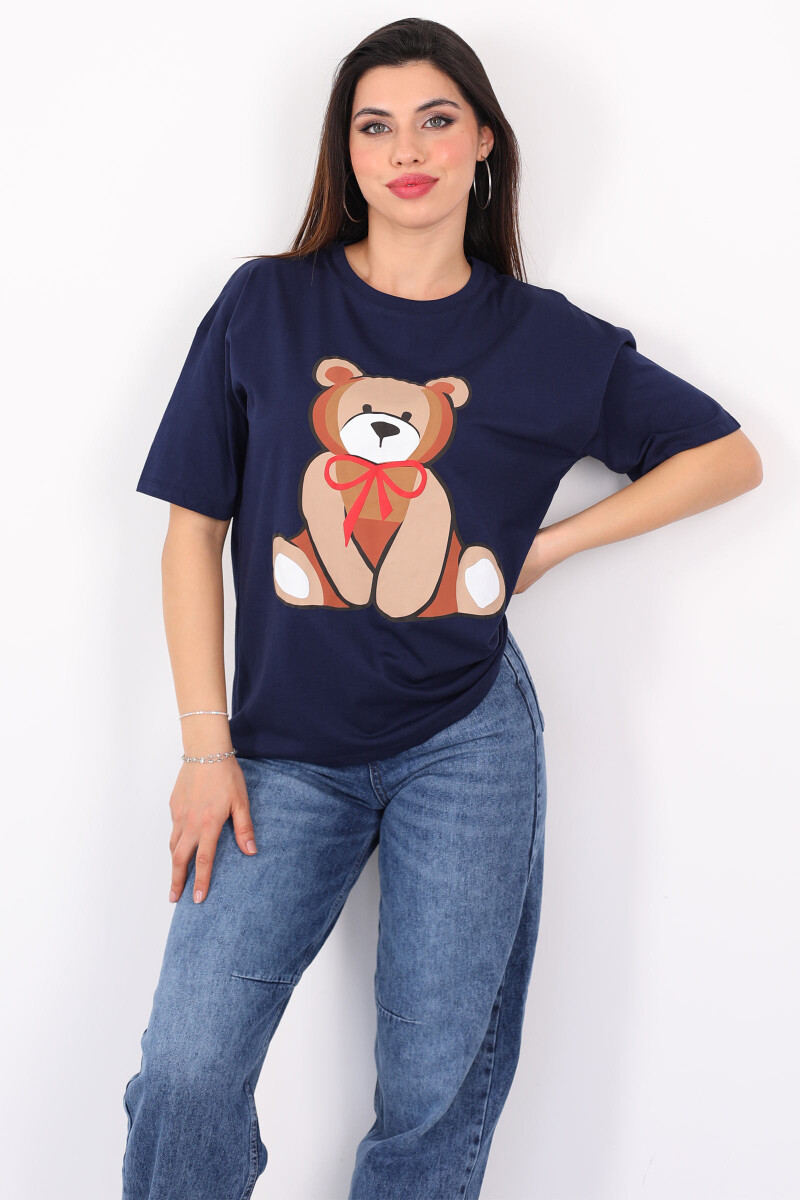 Ayıcık Baskılı Bisiklet Yaka Lacivert Kadın T-Shirt - 3