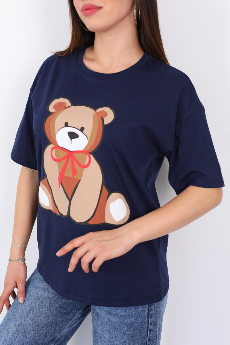 Ayıcık Baskılı Bisiklet Yaka Lacivert Kadın T-Shirt - 2