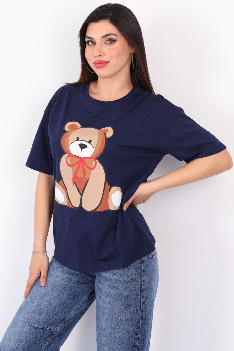 Ayıcık Baskılı Bisiklet Yaka Lacivert Kadın T-Shirt - 1