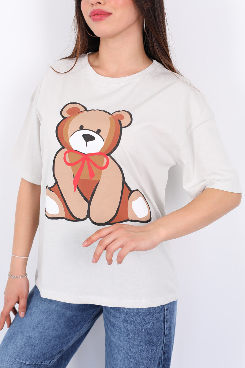 Ayıcık Baskılı Bisiklet Yaka Taş Rengi Kadın T-Shirt - 2