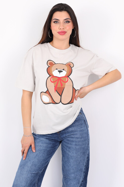 Ayıcık Baskılı Bisiklet Yaka Taş Rengi Kadın T-Shirt 