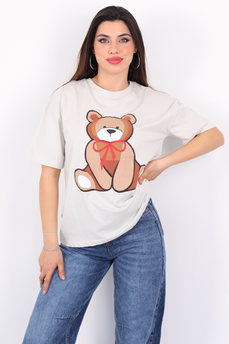 Ayıcık Baskılı Bisiklet Yaka Taş Rengi Kadın T-Shirt - 1