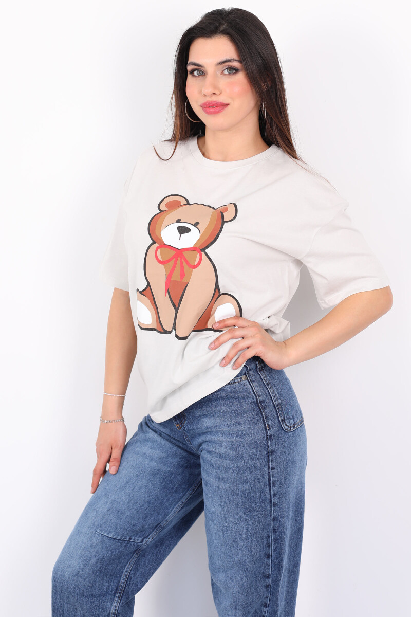 Ayıcık Baskılı Bisiklet Yaka Taş Rengi Kadın T-Shirt - 3