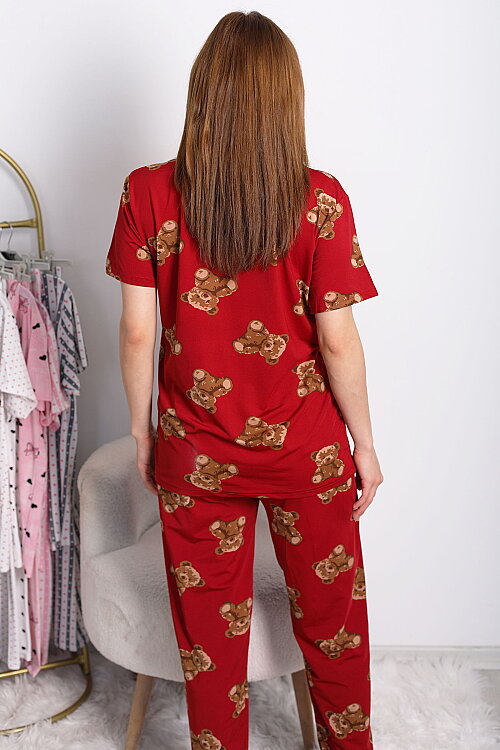 Ayıcık Desenli Düğmeli Bordo Kadın Pijama Takımı - 5