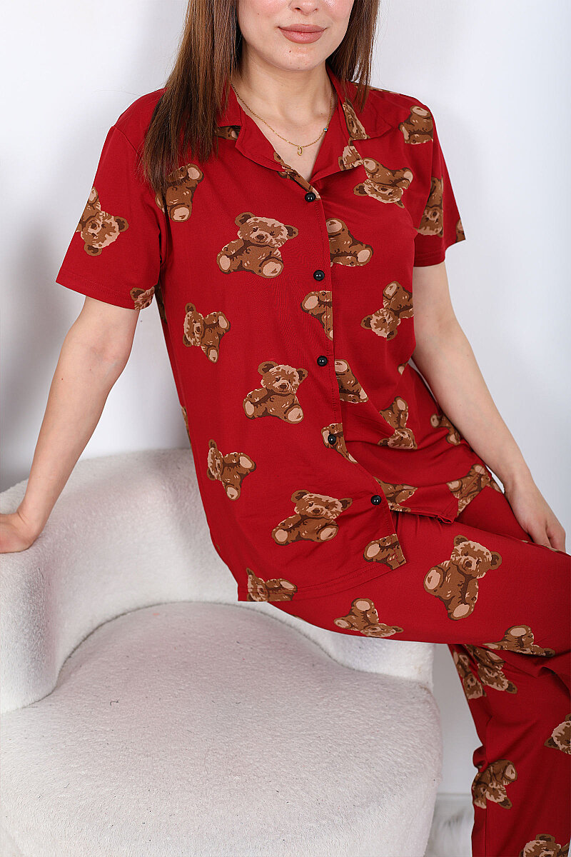 Ayıcık Desenli Düğmeli Bordo Kadın Pijama Takımı - 2