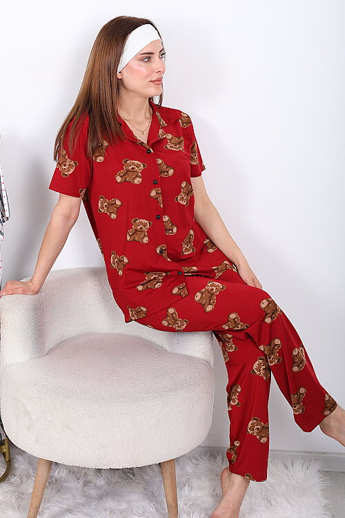 Ayıcık Desenli Düğmeli Bordo Kadın Pijama Takımı - 4