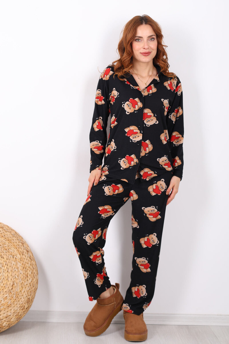 Ayıcık Desenli Siyah Kadın Yumoş Pijama Takım - 6