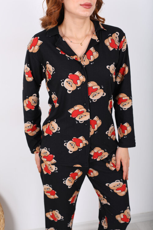 Ayıcık Desenli Siyah Kadın Yumoş Pijama Takım - Berox (1)