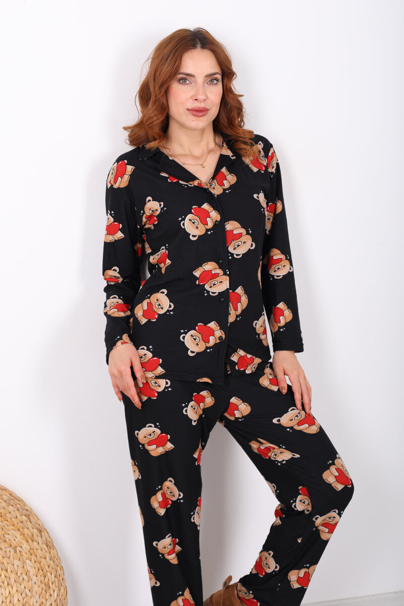 Ayıcık Desenli Siyah Kadın Yumoş Pijama Takım - 1