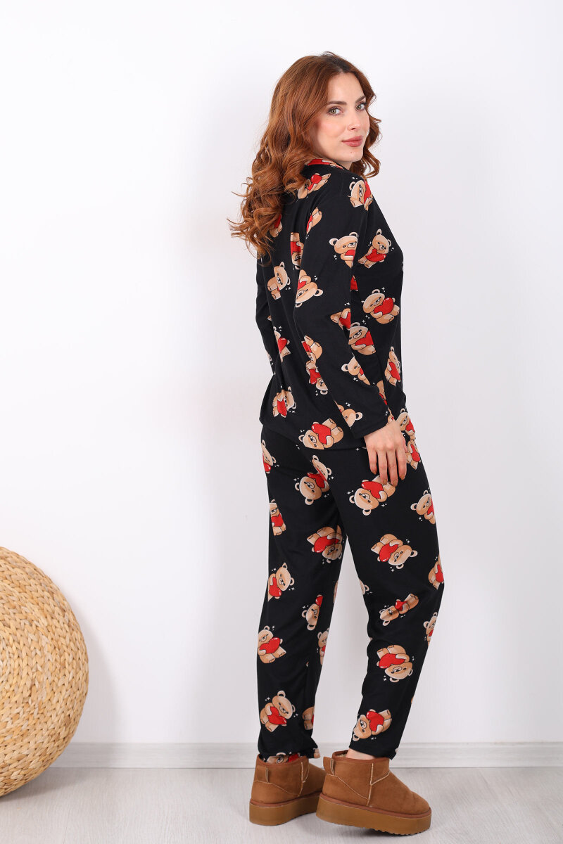 Ayıcık Desenli Siyah Kadın Yumoş Pijama Takım - 5