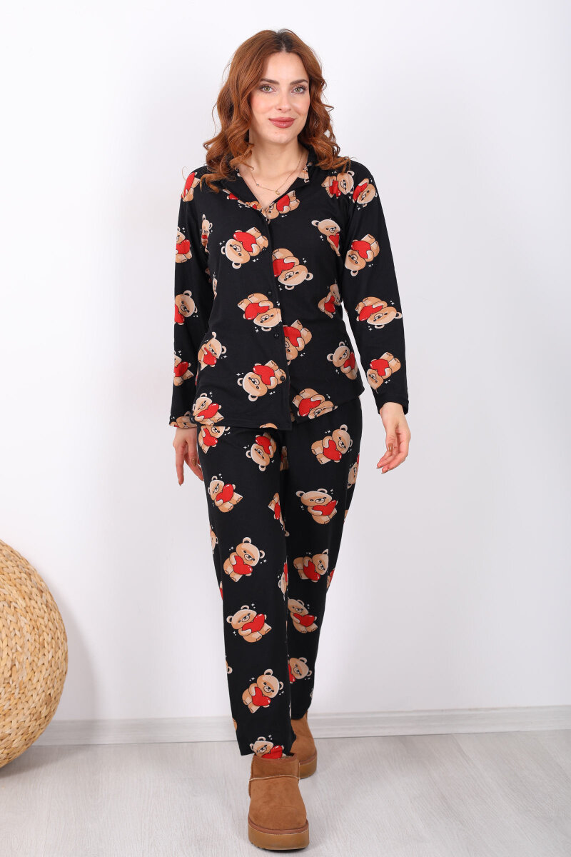Ayıcık Desenli Siyah Kadın Yumoş Pijama Takım - 4