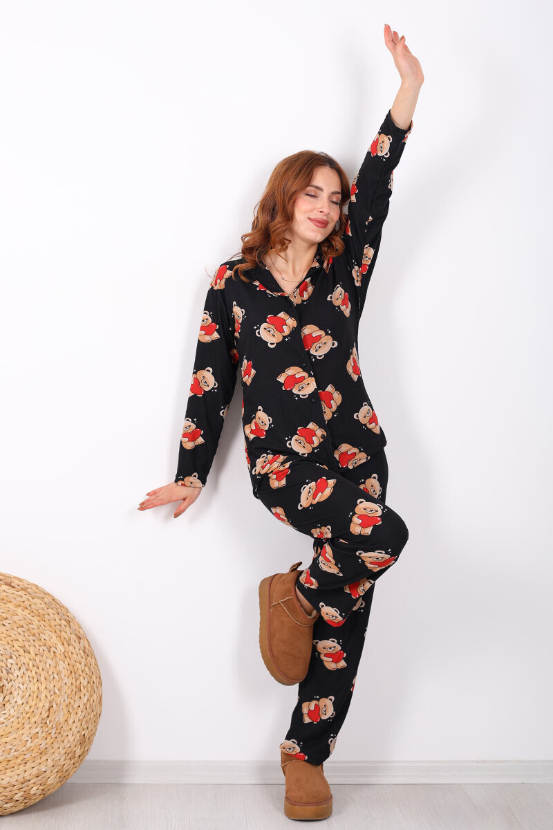 Ayıcık Desenli Siyah Kadın Yumoş Pijama Takım - 3