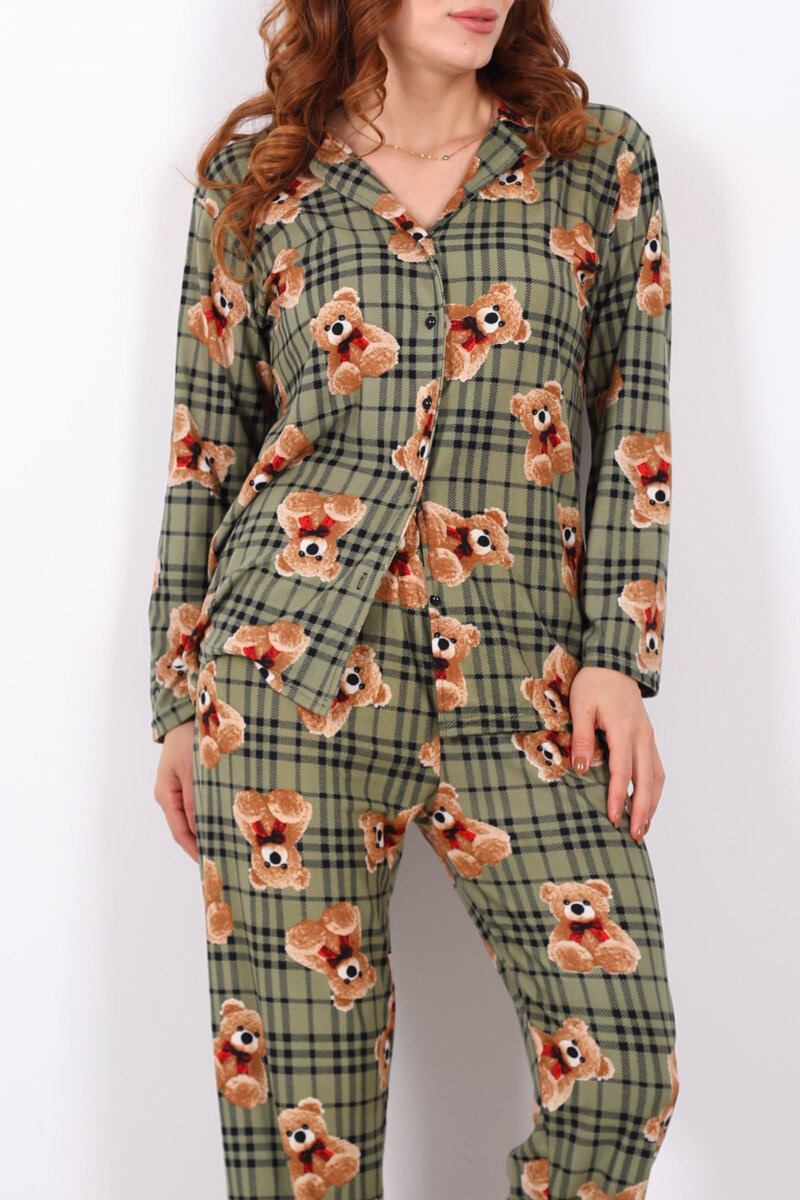 Ayıcık Ekose Desenli Haki Kadın Yumoş Pijama Takım - 2