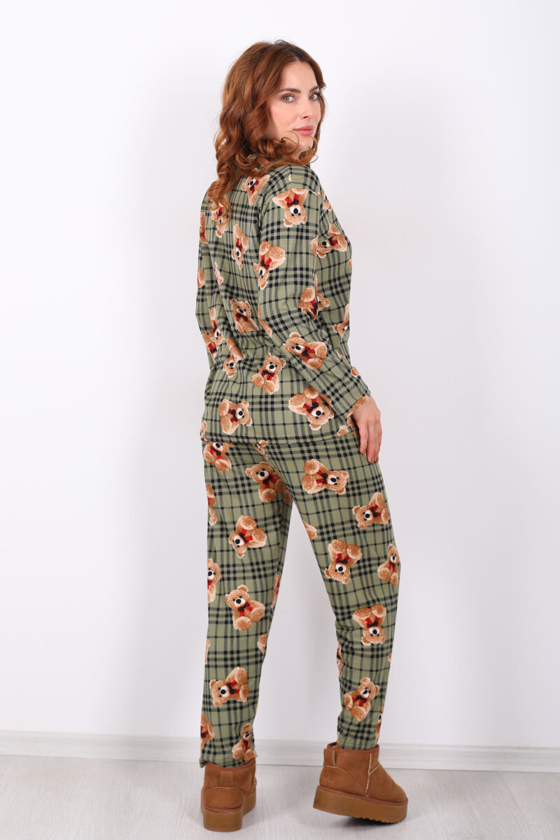 Ayıcık Ekose Desenli Haki Kadın Yumoş Pijama Takım - 5