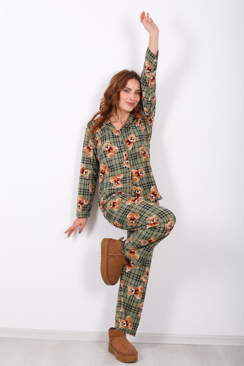 Ayıcık Ekose Desenli Haki Kadın Yumoş Pijama Takım - 4