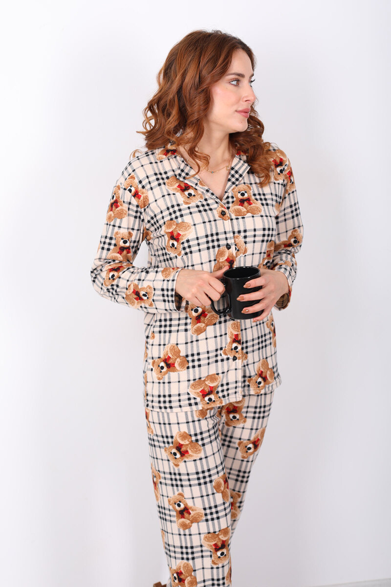 Ayıcık Ekose Desenli Krem Kadın Yumoş Pijama Takım - 4
