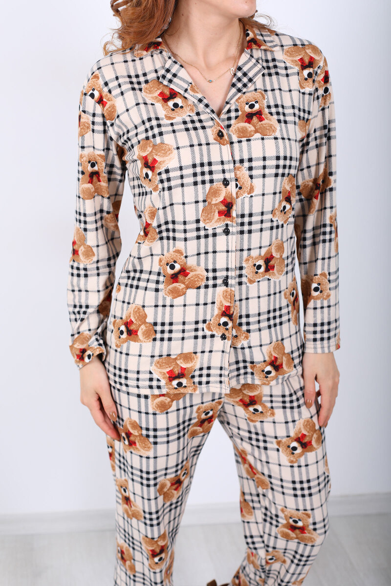 Ayıcık Ekose Desenli Krem Kadın Yumoş Pijama Takım - 2