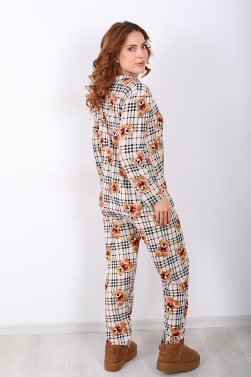 Ayıcık Ekose Desenli Krem Kadın Yumoş Pijama Takım - 5