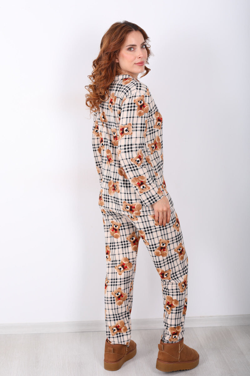 Ayıcık Ekose Desenli Krem Kadın Yumoş Pijama Takım - 5