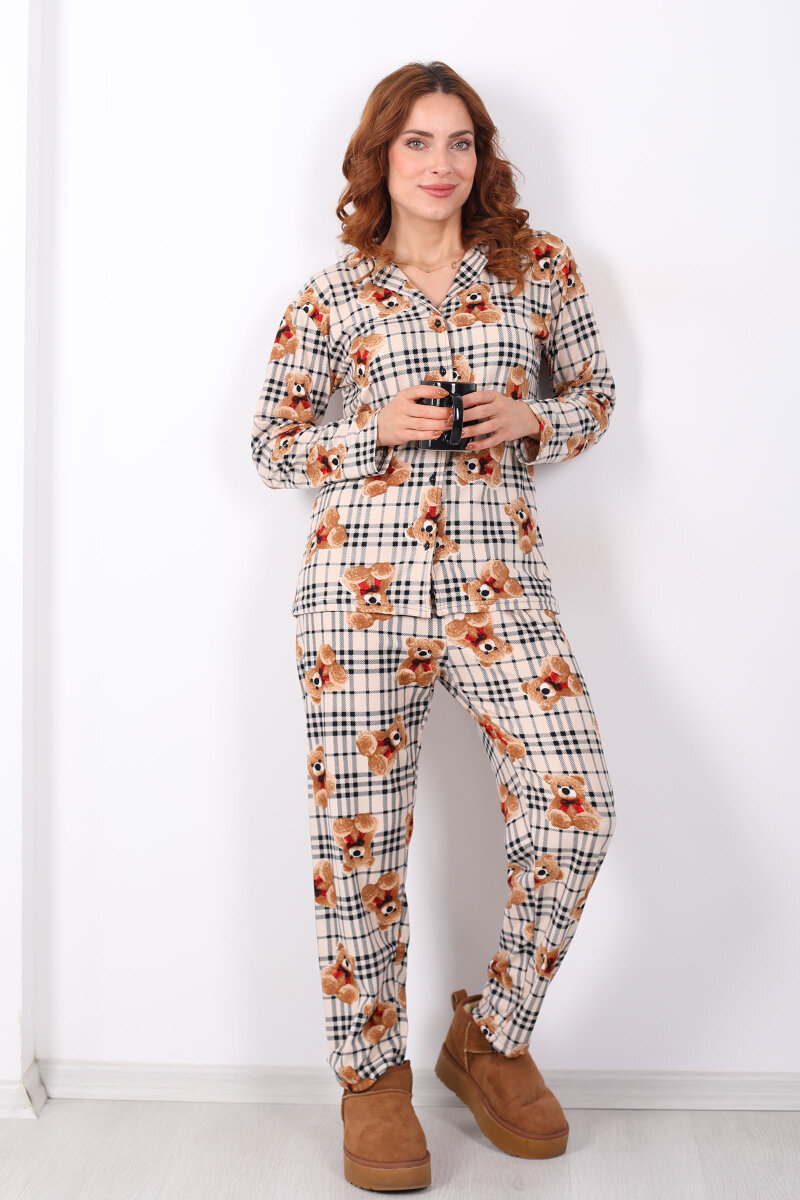 Ayıcık Ekose Desenli Krem Kadın Yumoş Pijama Takım - 6