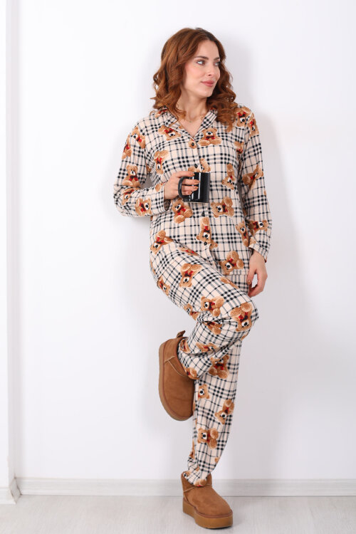 Ayıcık Ekose Desenli Krem Kadın Yumoş Pijama Takım - 3
