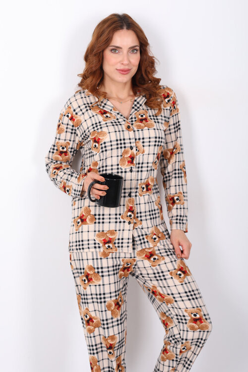Ayıcık Ekose Desenli Krem Kadın Yumoş Pijama Takım 