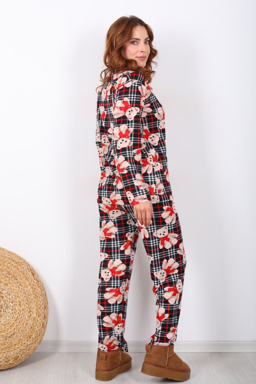 Ayıcık Ekose Desenli Siyah Kadın Yumoş Pijama Takım - 5