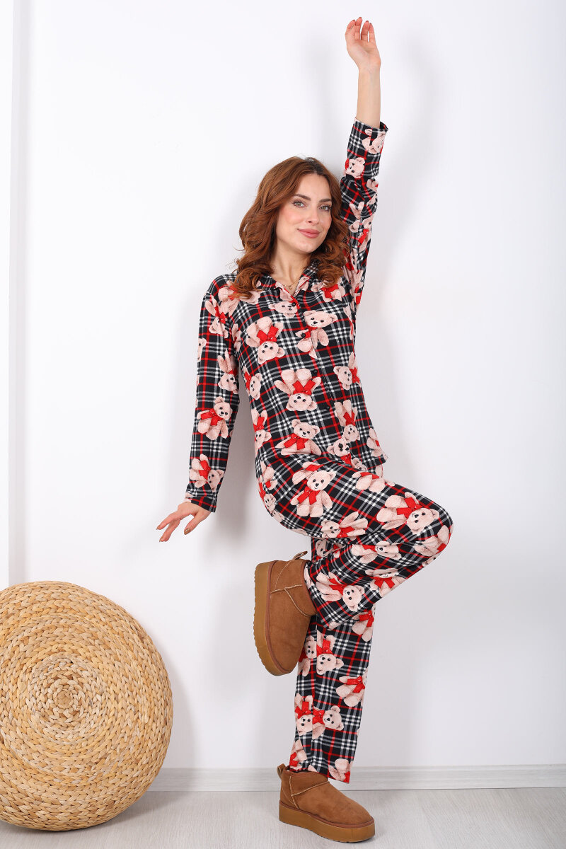 Ayıcık Ekose Desenli Siyah Kadın Yumoş Pijama Takım - 2