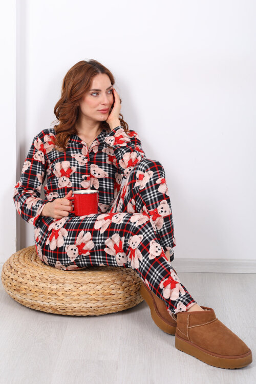 Ayıcık Ekose Desenli Siyah Kadın Yumoş Pijama Takım 