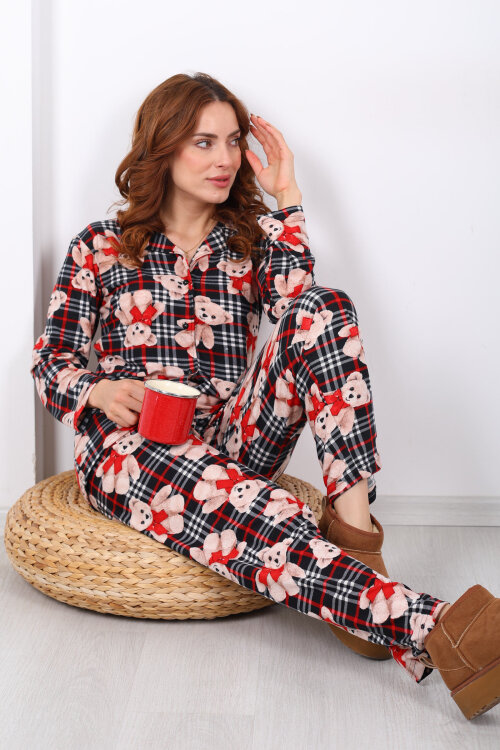 Ayıcık Ekose Desenli Siyah Kadın Yumoş Pijama Takım - 3