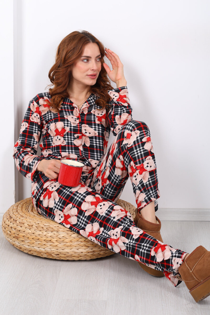 Ayıcık Ekose Desenli Siyah Kadın Yumoş Pijama Takım - 3