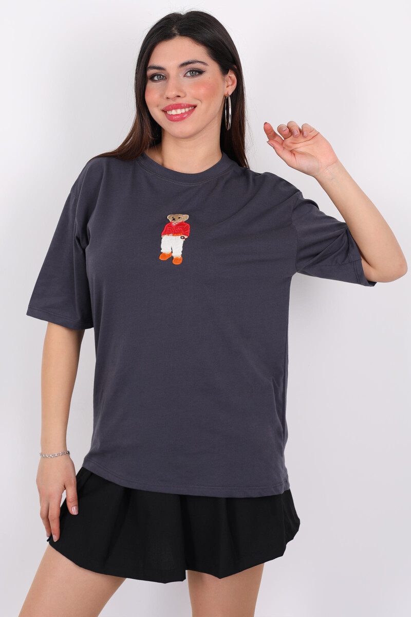 Ayıcık İşlemeli Bisiklet Yaka Antrasit Kadın T-Shirt - 3