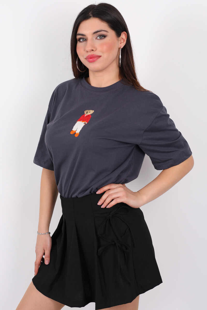 Ayıcık İşlemeli Bisiklet Yaka Antrasit Kadın T-Shirt - 4