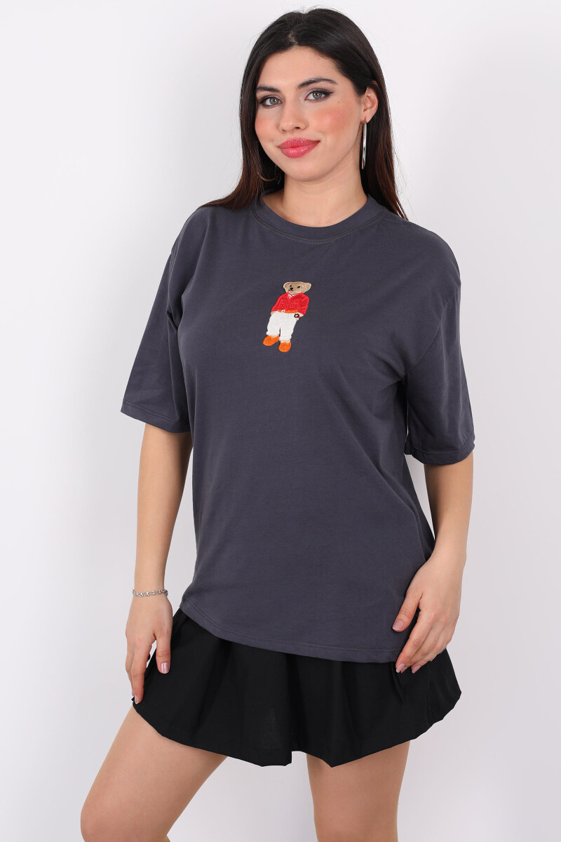 Ayıcık İşlemeli Bisiklet Yaka Antrasit Kadın T-Shirt - 5