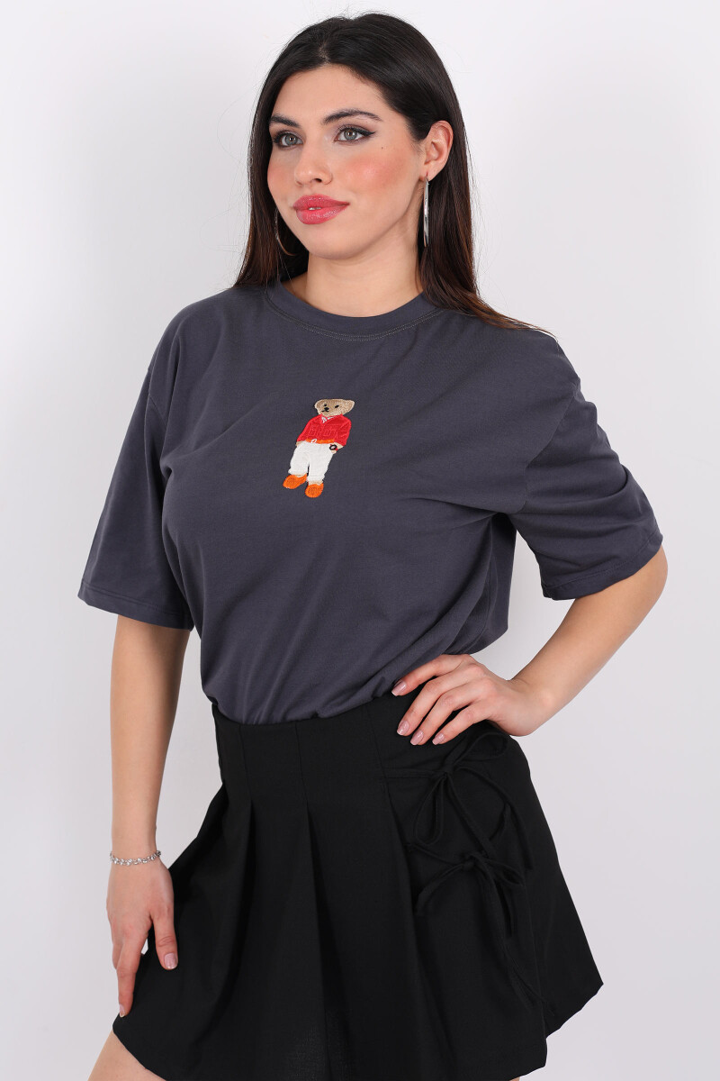 Ayıcık İşlemeli Bisiklet Yaka Antrasit Kadın T-Shirt - 1