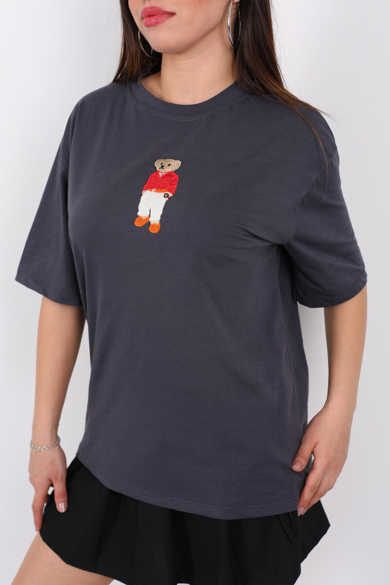 Ayıcık İşlemeli Bisiklet Yaka Antrasit Kadın T-Shirt - 2