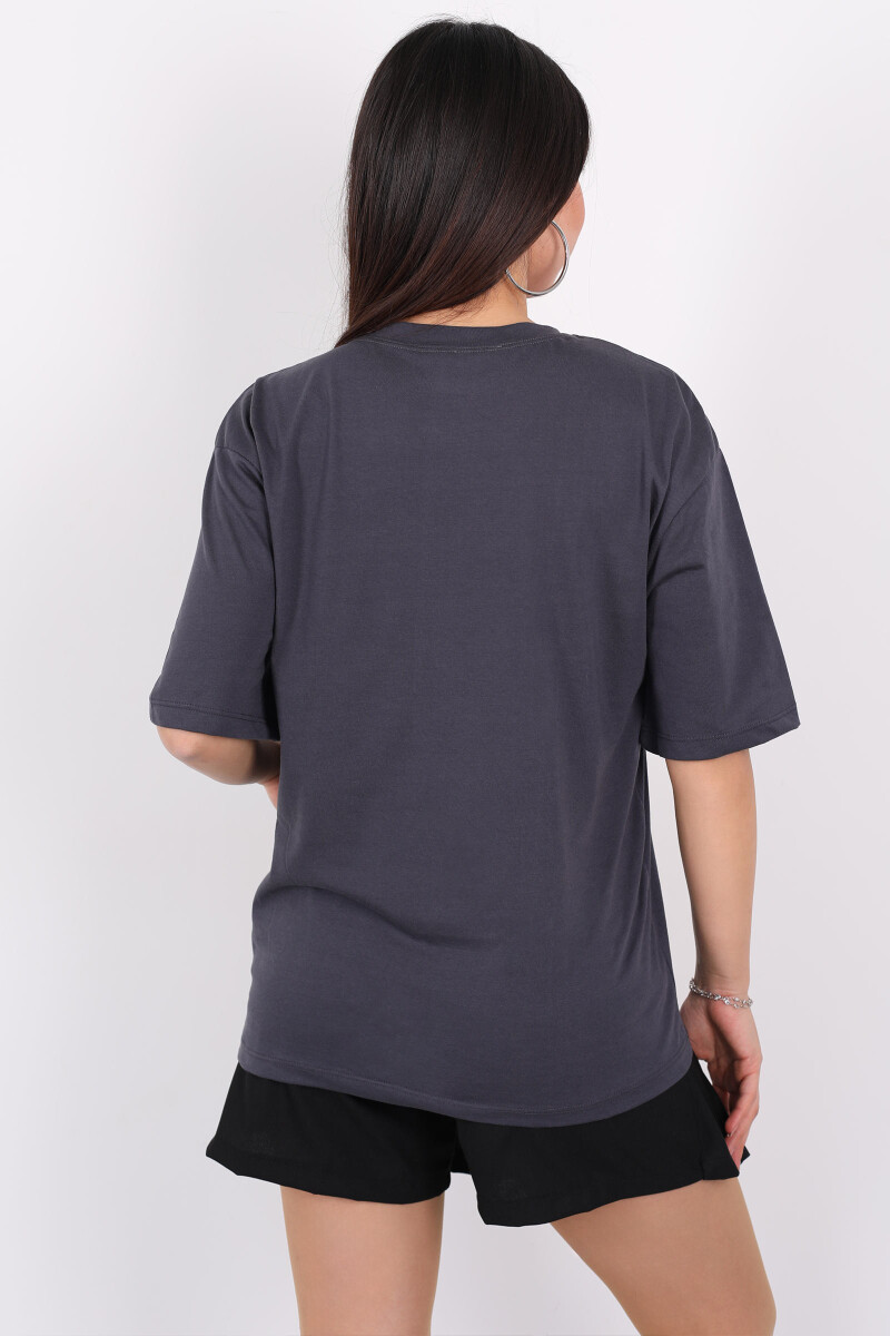 Ayıcık İşlemeli Bisiklet Yaka Antrasit Kadın T-Shirt - 6